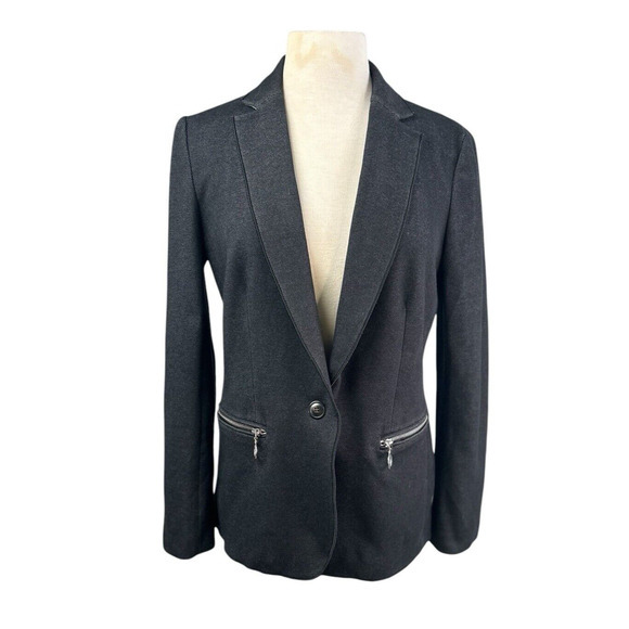 Ann Taylor Texture Blazer 10 Black 1 Button Single Breasted Womens Zipper Pocket - Picture 1 of 10